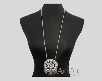 Geometric *Trinny* Necklace - Vintage Inspired Silver Circular Tassel Pendant With Chain