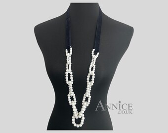 Necklace *As Trinny* Summer White Stone Beads on Navy Velvet Ribbon