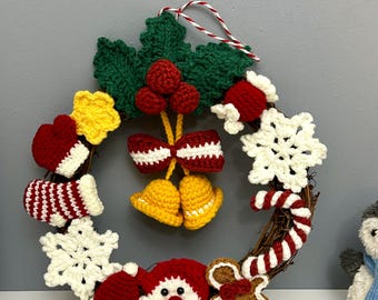 Handmade Crochet Christmas Wreath – Holiday Door Decor with Santa, Bells & Snowflakes, Cozy Winter Wall Hanging