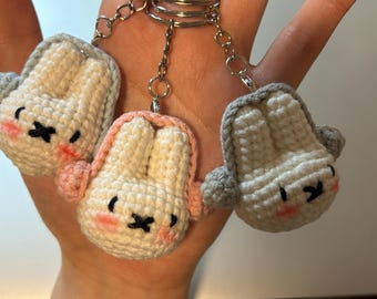 Handmade Crochet Bunny Keychain – Bunny Head with Earphones, Pink/Blue/Grey, Cute Amigurumi Keyring, Crochet Gift