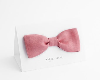 Powder Pink Linen Bow Tie: Rose Wedding Tie & Pocket Square