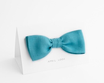 Aqua Blue Linen Bow Tie: Men's Turquoise Neckwear