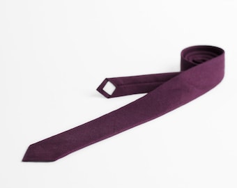 Dark Burgundy Linen Tie, Plum Skinny Necktie, Groomsmen Wedding Tie