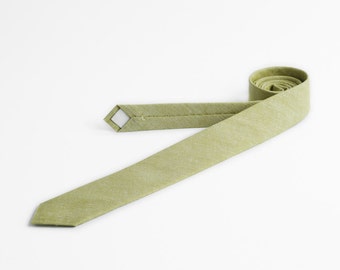 Mellow Green Linen Cotton Skinny Tie: Groomsmen Accessories