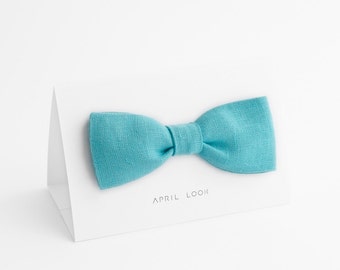 Light Turquoise Linen Bow Tie: Self Tie, Aqua Blue Wedding