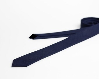Dark Navy Blue Linen Skinny Tie, Men's Wedding Necktie