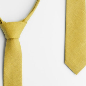 Yellow green tie, Skinny tie, Linen tie, Olive yellow tie, Husband gift, Solid yellow tie, Wedding tie, Mustard yellow tie, Neckties for men image 2