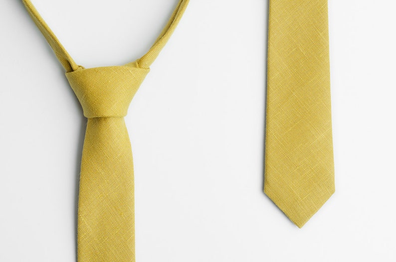 Yellow green tie, Skinny tie, Linen tie, Olive yellow tie, Husband gift, Solid yellow tie, Wedding tie, Mustard yellow tie, Neckties for men image 2