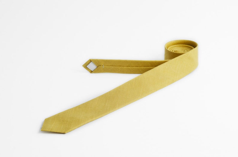 Yellow green tie, Skinny tie, Linen tie, Olive yellow tie, Husband gift, Solid yellow tie, Wedding tie, Mustard yellow tie, Neckties for men image 1