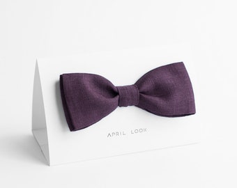 Eggplant Linen Bow Tie: Dark Violet Wedding Tie