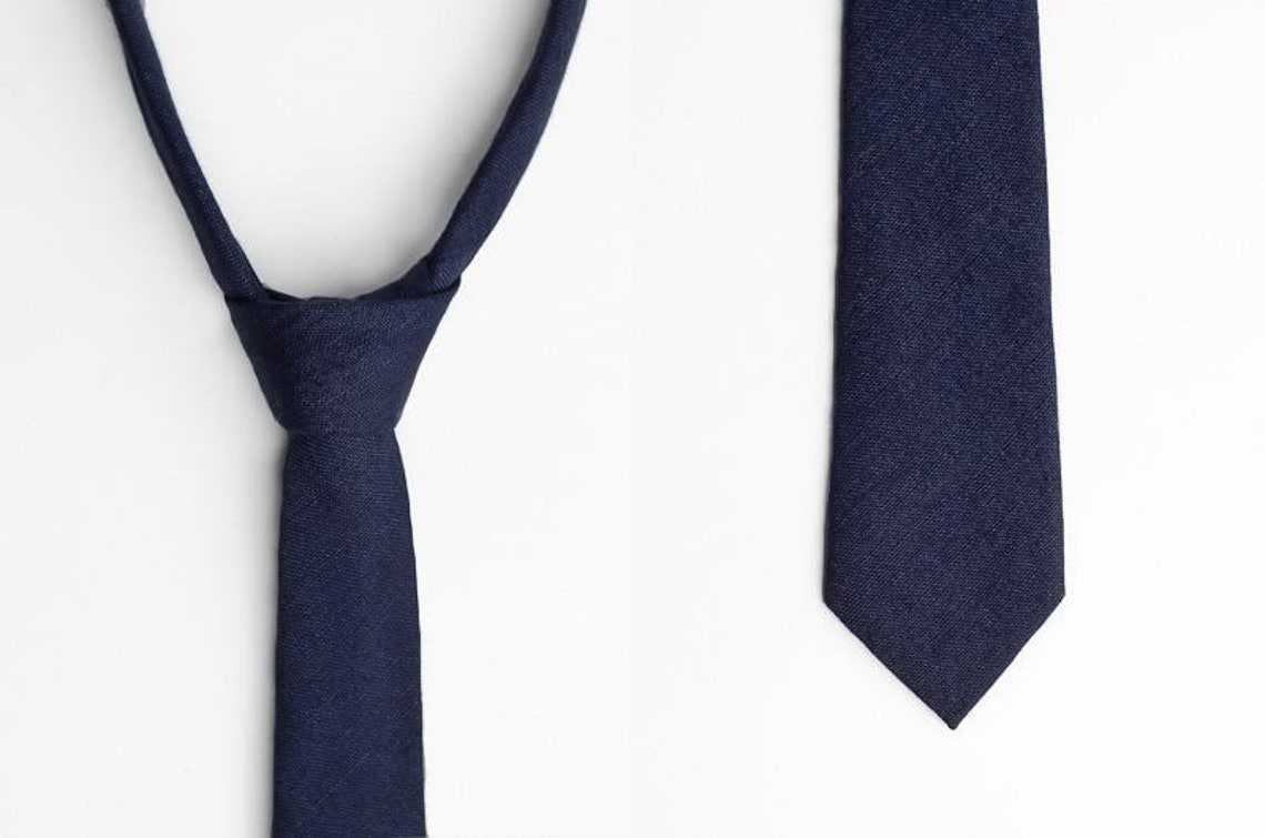 Dark Navy Blue Skinny Tie, Blue Linen Tie, Men's Wedding Tie, Navy ...