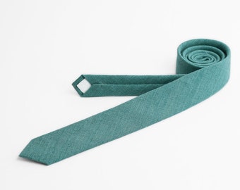 Linen Skinny Tie: Teal Green Wedding Tie with Pocket Square