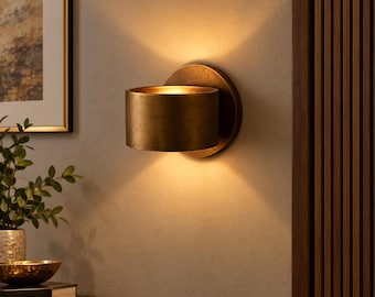 Aged Brass Halo Wall Sconce, Modern Cylindrical Light, Minimalist Bedside Lamp, Handmade Brass Lighting, Luxury Home Decor Fixture