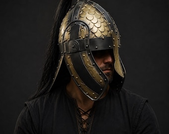 Medieval Viking Steel Helmet, Black Horsehair Plume, Kabuto Warrior Armor, LARP Cosplay,
