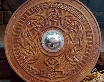 Viking Wooden Shield Hand Carving Shield | Medieval Norse Wall Decor | LARP & Cosplay Prop