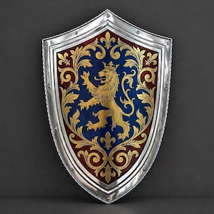 Peut inclure: Un bouclier à bordure argentée avec un centre bleu orné d'un lion d'or. Le bouclier a une bordure rouge avec des accents floraux dorés. Il s'agit d'un objet décoratif sur le thème médiéval.
