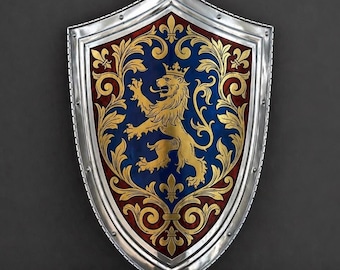 May include: A silver-edged shield with a blue center featuring a gold lion rampant design. The shield has a red border with gold floral accents. The shield is a medieval-themed decorative item.