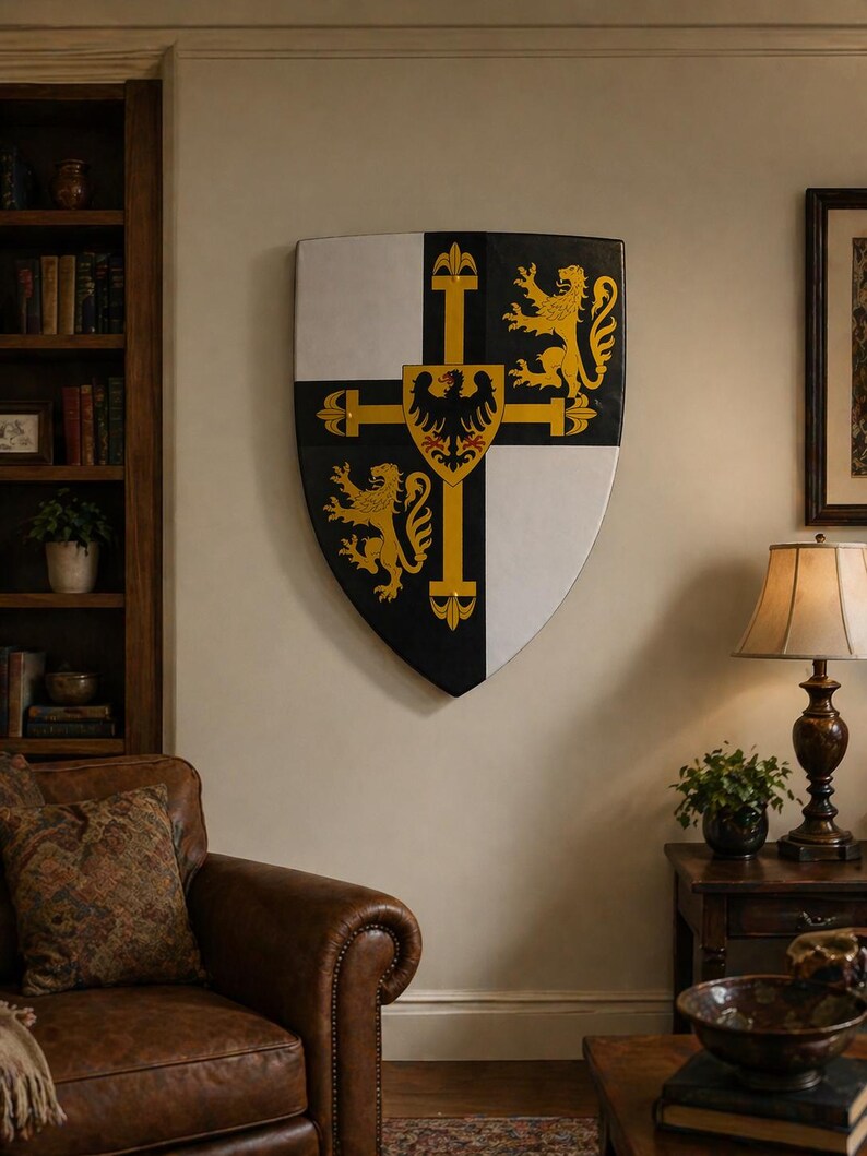 May include: A decorative shield with a black, white, and gold design, mounted on a wall. The shield features a cross design with heraldic symbols, including a golden lion and eagle. The shield is a decorative item for home decor.