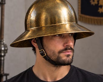 Antique Brass Medieval Steel Helmet Wide Brim Knight Helmet, Historical Reenactment Armor, LARP & Costume Headpiece