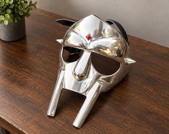 Handcrafted Steel MF Doom Mask, Gothic Fantasy Warrior Cosplay (Red Gem)