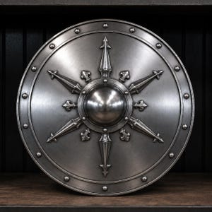 Könnte beinhalten: Ein kreisförmiger Schild aus silberfarbenem Metall mit einem zentralen gewölbten Buckel, umgeben von sechs strahlenförmigen Spitzen und dekorativen Lilien-Akzenten. Der äußere Rand ist mit einer Kante und gleichmäßigen Nieten verstärkt.