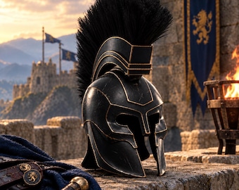 Greek Warrior Helmet with Black Plume & Gold Trim – Trojan Spartan Helmet, Handmade Steel LARP Cosplay Armor