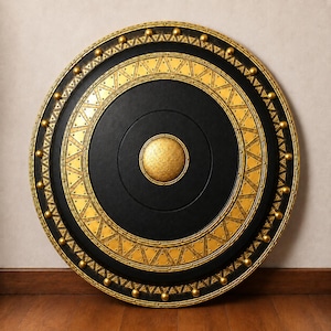 May include: A circular shield featuring a matte black surface with a central gold textured boss. The shield is decorated with concentric gold rings, including a band of repeating triangular patterns and an outer rim accented with gold studs.