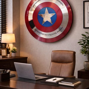 Puede incluir: Una r&eacute;plica del escudo del Capit&aacute;n Am&eacute;rica, rojo, plateado y azul, cuelga de una pared. El escudo tiene una estrella en el centro y el texto "personalized text engraving avalable" en el borde. Un escritorio con un port&aacute;til y una silla de cuero est&aacute;n en primer plano.