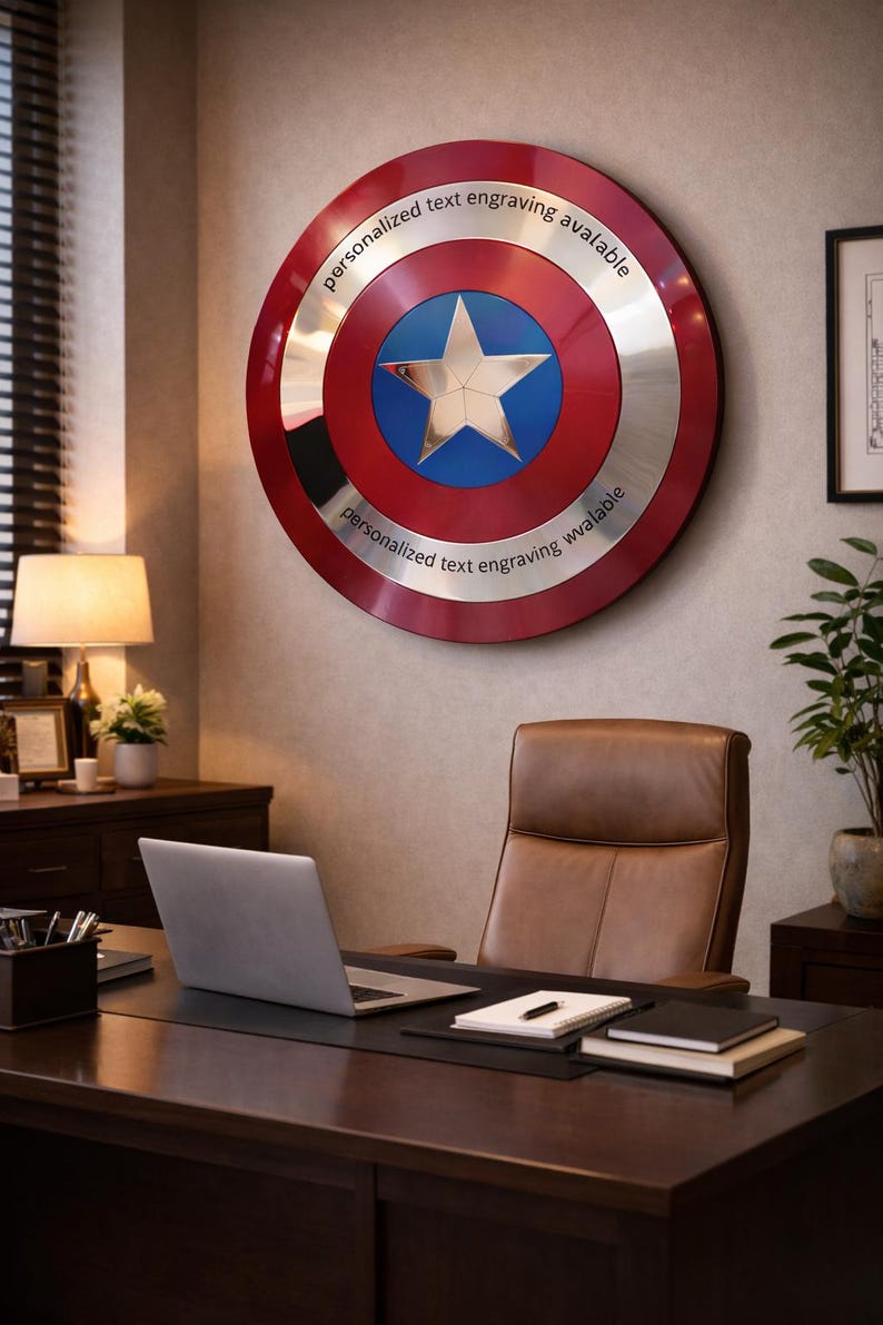 Puede incluir: Una r&eacute;plica del escudo del Capit&aacute;n Am&eacute;rica, rojo, plateado y azul, cuelga de una pared. El escudo tiene una estrella en el centro y el texto "personalized text engraving avalable" en el borde. Un escritorio con un port&aacute;til y una silla de cuero est&aacute;n en primer plano.