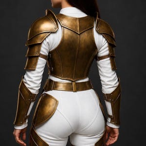 K&ouml;nnte beinhalten: Ein Set aus metallisch bronzefarbener R&uuml;stung, getragen &uuml;ber einem wei&szlig;en Langarmshirt und einer wei&szlig;en Hose. Die R&uuml;stung besteht aus Schulterst&uuml;cken, einem Brustpanzer, einem H&uuml;ftg&uuml;rtel, Unterarmschienen und Oberschenkelplatten, befestigt mit braunen Lederriemen.
