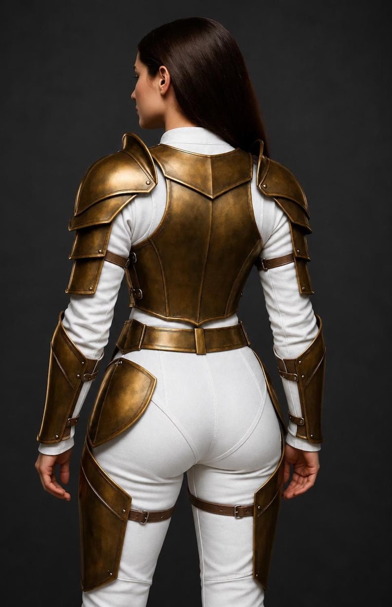 K&ouml;nnte beinhalten: Ein Set aus metallisch bronzefarbener R&uuml;stung, getragen &uuml;ber einem wei&szlig;en Langarmshirt und einer wei&szlig;en Hose. Die R&uuml;stung besteht aus Schulterst&uuml;cken, einem Brustpanzer, einem H&uuml;ftg&uuml;rtel, Unterarmschienen und Oberschenkelplatten, befestigt mit braunen Lederriemen.