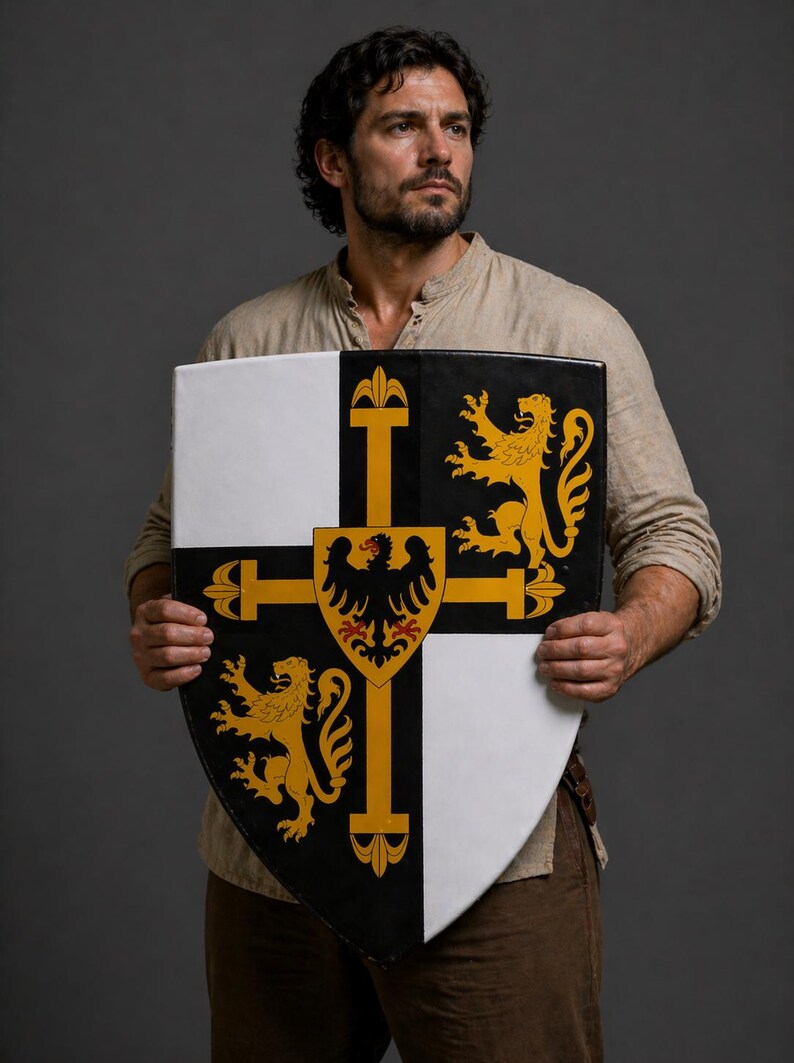 May include: A medieval shield with a black, white, and gold design. The shield features a cross design with a central eagle emblem and two golden lions. The shield is held in front of a person.