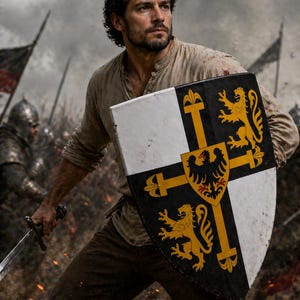 May include: A medieval warrior holding a sword and shield on a battlefield. The shield is black and white with a gold cross and heraldic symbols. The warrior wears a tan tunic and brown pants.