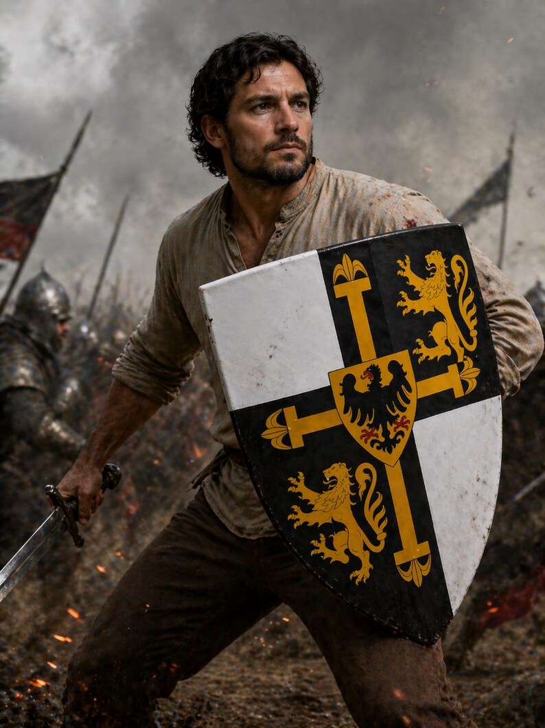 May include: A medieval warrior holding a sword and shield on a battlefield. The shield is black and white with a gold cross and heraldic symbols. The warrior wears a tan tunic and brown pants.