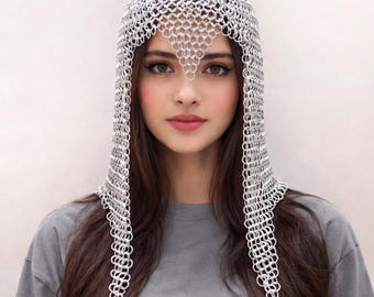 Women’s Medieval Chainmail Coif – 10mm 16 Gauge Aluminum Butted Hood – Knight Armor Costume