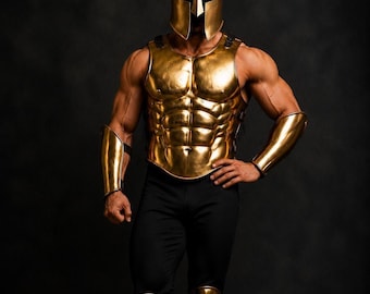 Hand-Forged Steel Spartan Armor Set with Helmet, Antique Brass Finish, Greek Warrior Costume