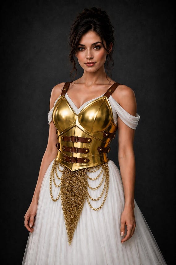 Medieval Female Warrior Armor, Golden Bronze Breastplate with Chainmail, Fantasy Warrior Gear