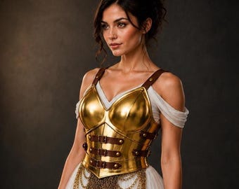 Medieval Female Warrior Armor, Golden Bronze Breastplate with Chainmail, Fantasy Warrior Gear