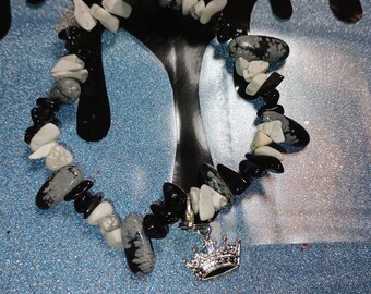 Male size black Jasper, snow Jasper, and howlite bracelet with removable silver crown charm