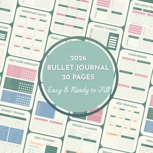 Peut inclure: Un ensemble de pages de planificateur imprimables avec un code couleur vert d'eau et rose. Les pages comprennent des sections pour l'organisation quotidienne, le suivi du budget et les soins personnels. Le texte "2026 Bullet Journal 20 Pages Easy & Ready to Fill" est visible.