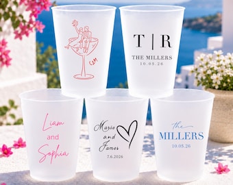 Personalized Wedding Cups, Custom Frosted Plastic Cups, Wedding Favor Cups, Monogram Cups, Wedding Reception Drinkware, Bridal Shower Cups