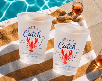 She’s a Catch Lobster Bachelorette Cups, Personalized Frosted Plastic Cups, Coastal Beach Bach Party Favors, Newport Yacht Party Cups