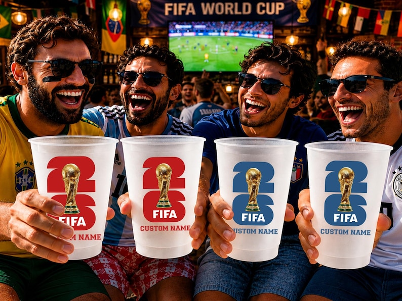 May include: Four people holding clear plastic cups with the FIFA logo and a golden trophy. The cups have the number 26 and the word FIFA printed on them. The background includes a FIFA World Cup banner and a television screen.