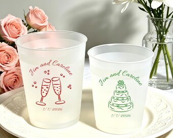 Personalized Frosted Wedding Cups, Custom Names Date, Minimalist Line Art Drinkware
