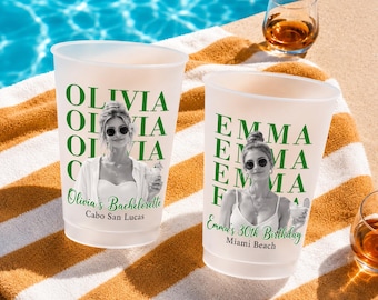 Personalized Beach Bachelorette Cups, Custom Frosted Plastic Cups, Girls Trip Cups, Birthday Trip Cups, Custom Photo Party Cups