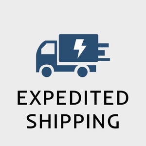 May include: A blue delivery truck icon with a lightning bolt graphic on the side, and the words "EXPEDITED SHIPPING" in bold black text, on a light grey background.