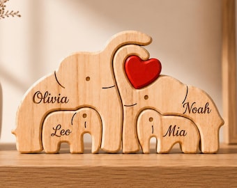 Personalisierte hölzerne Elefantenfamilie Puzzle gravierte Name Elefant Dekor, beste Vatertagsgeschenk, Mama Papa Jahrestag neue Eltern Andenken