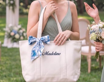 Bridesmiad Tote Bag, Custom Large Tote with Free Ribbon, Personalized Embriodered Bag Bachelorette Party Gift Set, White Canvas Bag