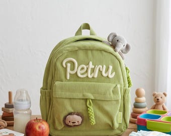 Mochila de pana personalizada con nombre para niños, mochila escolar personalizada para niños pequeños, mochila hecha a mano para preescolar y guardería para niños y niñas.