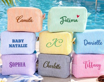 Seersucker Make up Toiletry Bag, Cosmetic Bridesmaid Gift, Travel Bags Pouch